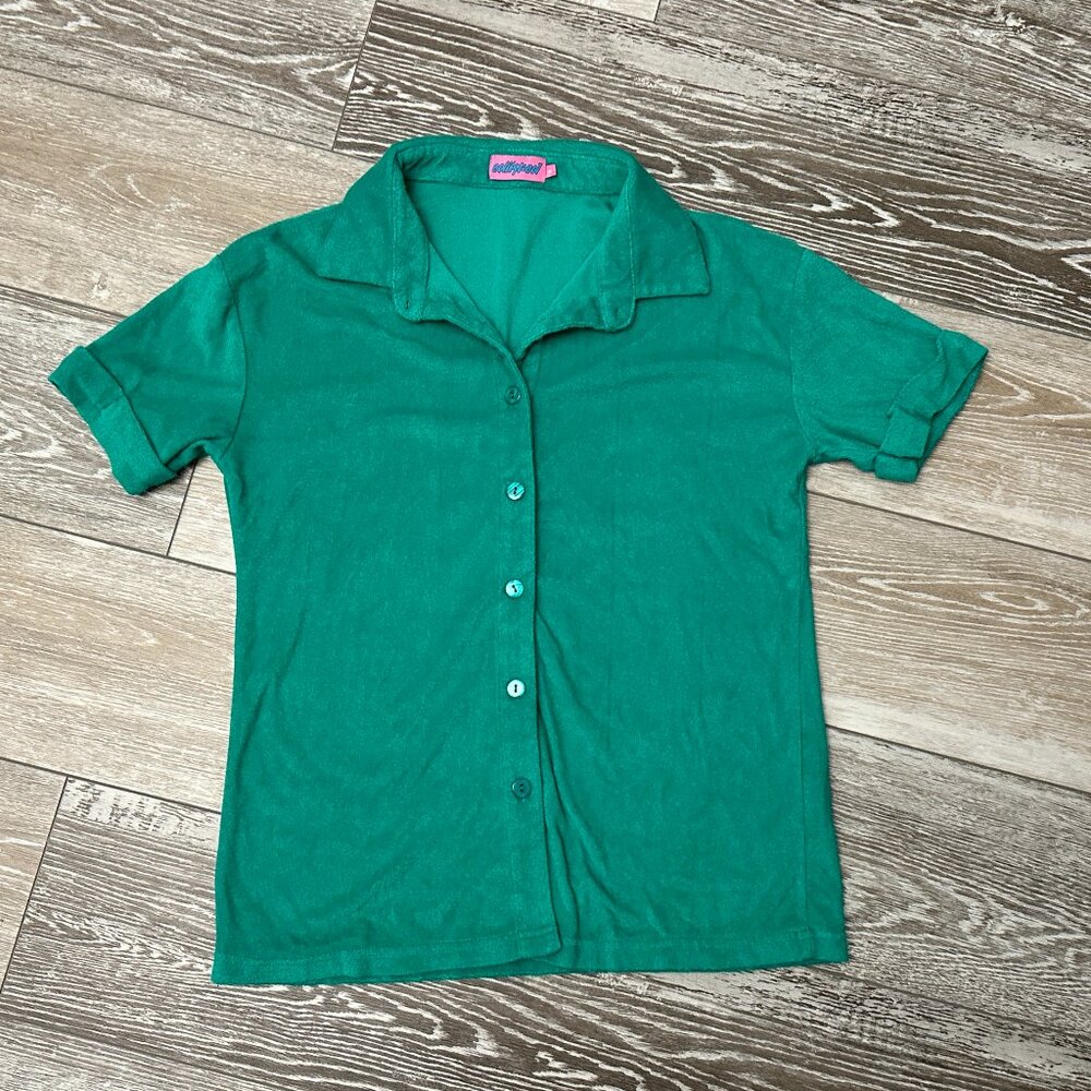 Edikted Sz S Green Terrycloth Short Sleeve Button Down Top Shirt Terrycloth